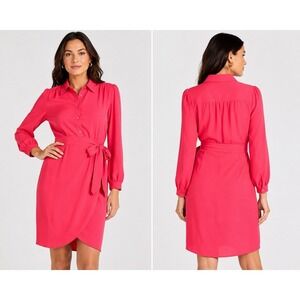 Trina Turk Zest Dress Size 12 Coral Pink Belted Faux Wrap Long Sleeve Collared